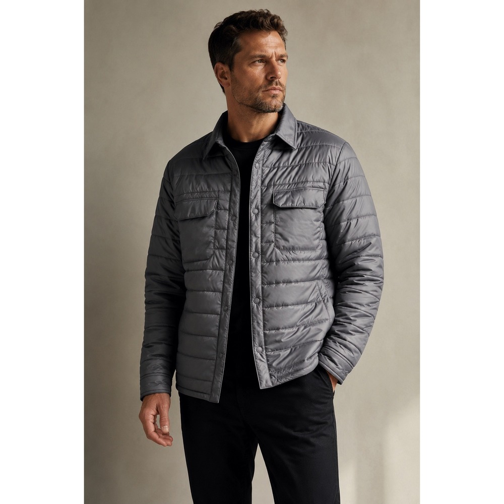 George Mens Puffer Shirt Jacket Grey Quilted Snap Front Shacket 3XL 54-56
